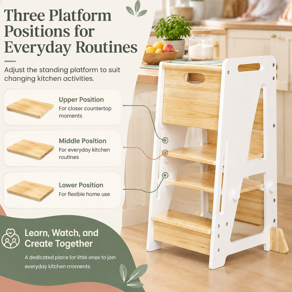 3‑Height Adjustable Kids Learning Tower with Sliding Door, Toddler Helper Stool with Non‑Slip Strips, Wide A‑Frame Base and Anti‑Tip Feet, 150 lb Load for 18 Months to 6 Years Old
