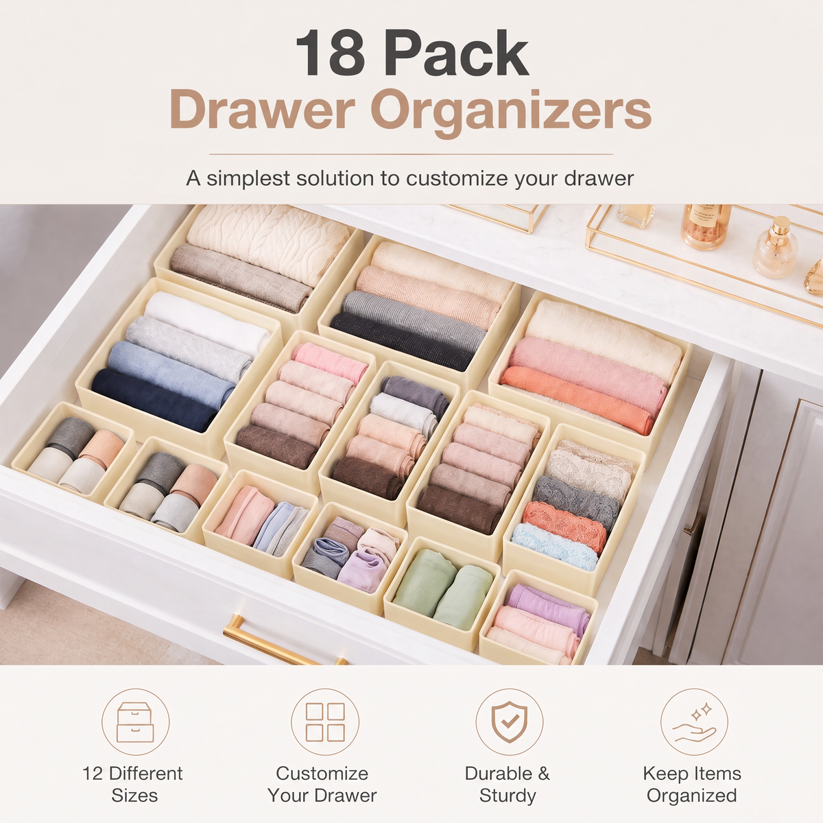 Dresser Drawer Clothing Organizer Set of 18, Foldable Storage Divider Bins for Closet and Nursery, Practical Storage Solution for Baby Clothes, Underwears and Socks