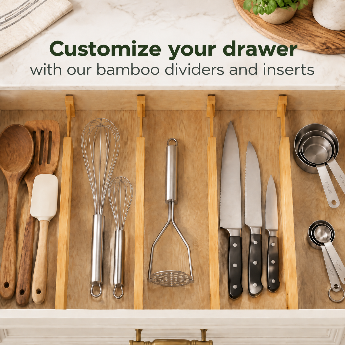 Expandable adjustable bamboo drawer dividers with label slots, set of 6 flexible drawer organizers for kitchen, dressers, bathroom and home office storage