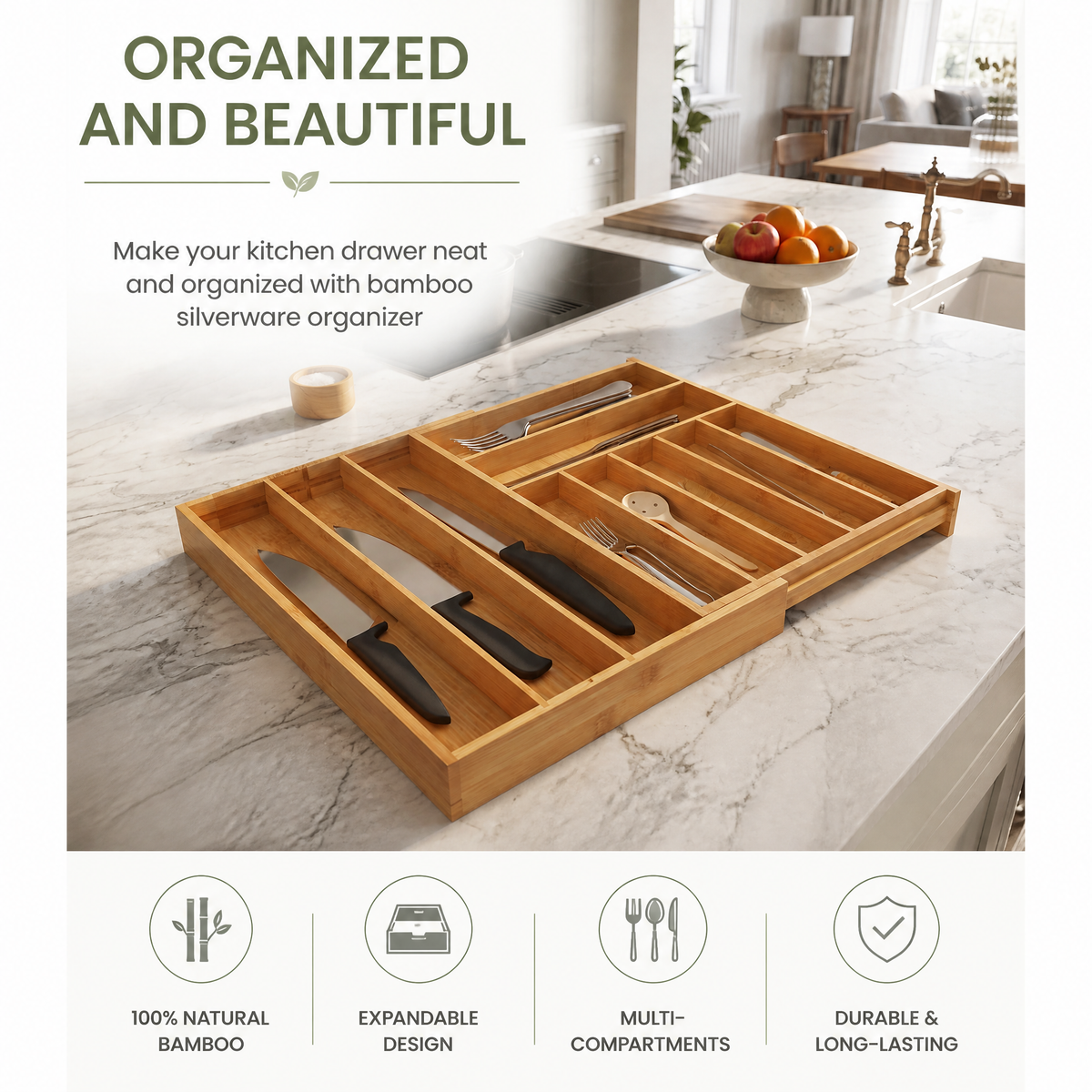 Expandable bamboo silverware drawer tray with labels, 10‑slot kitchen utensil holder for flatware, cutlery, spoons and knives for neat drawer storage organization