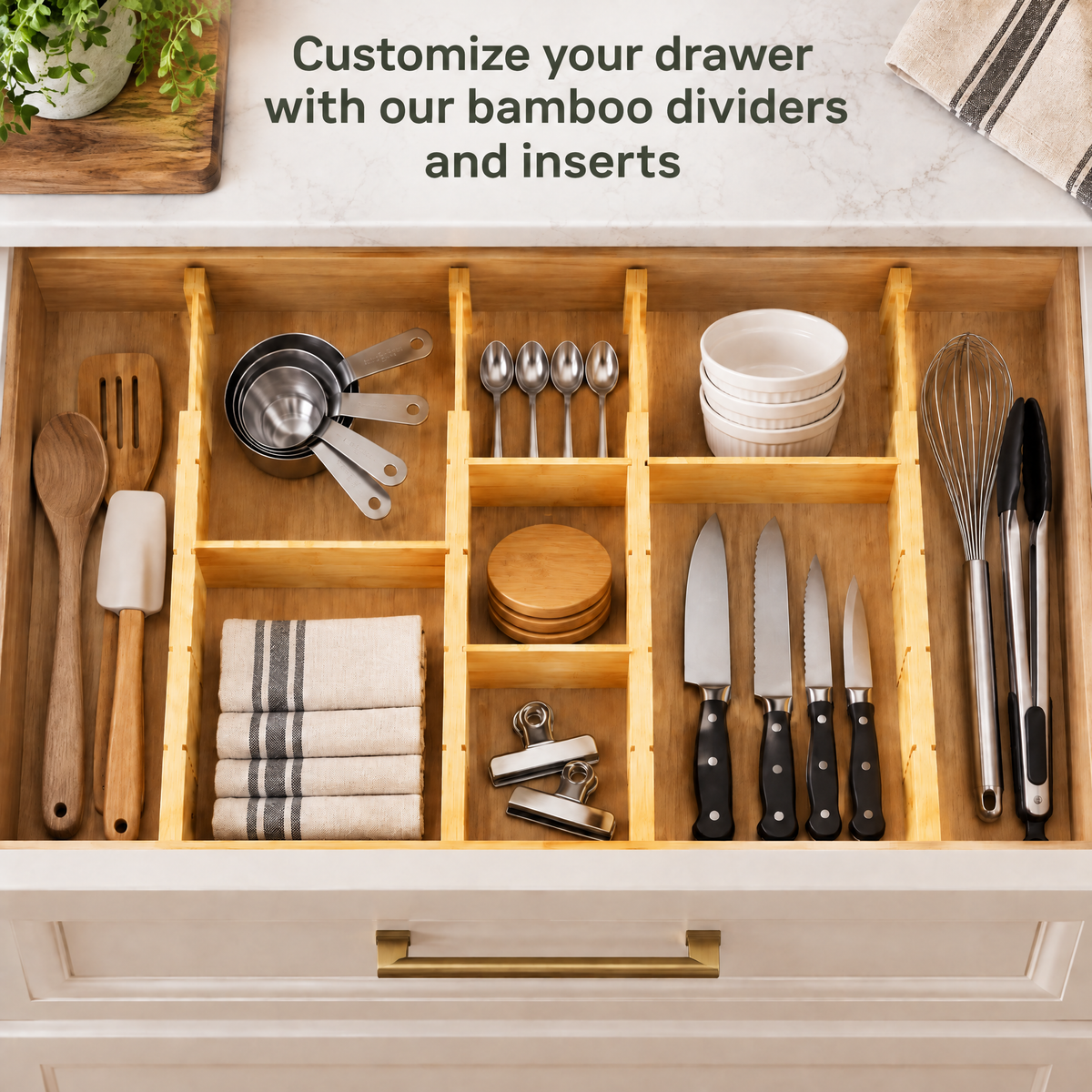 Adjustable Bamboo Drawer Divider Organizer with Inserts & Labels, Expandable Drawer Separators, 4‑Divider 9‑Insert Set for Kitchen, Dresser and Office