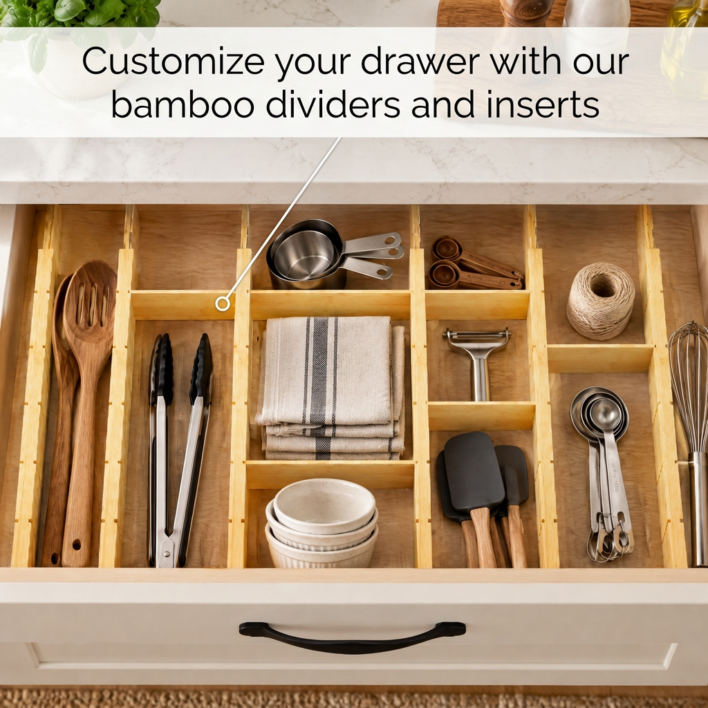 Expandable adjustable bamboo drawer dividers with inserts and labels, set of 8 dividers plus 18 inserts for kitchen, dressers, bathroom and home office storage