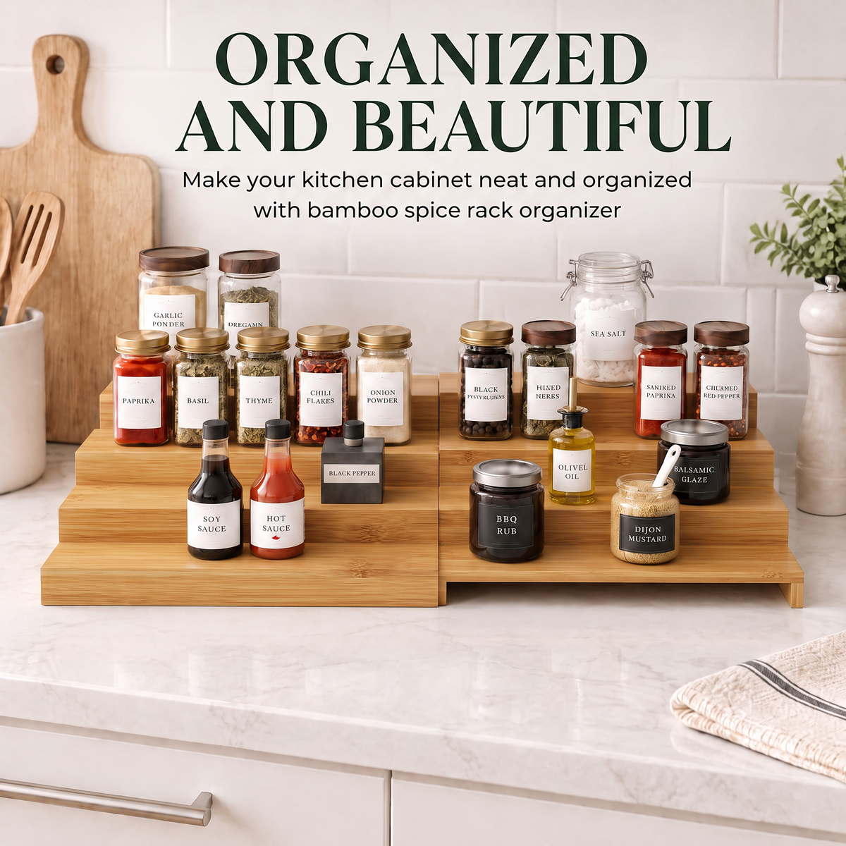 4‑Tier Bamboo Spice Rack Organizer for Kitchen Cabinets, Tiered Wood Seasoning and Can Goods Storage Shelf, Practical Pantry Organization Rack for Spices & Condiments