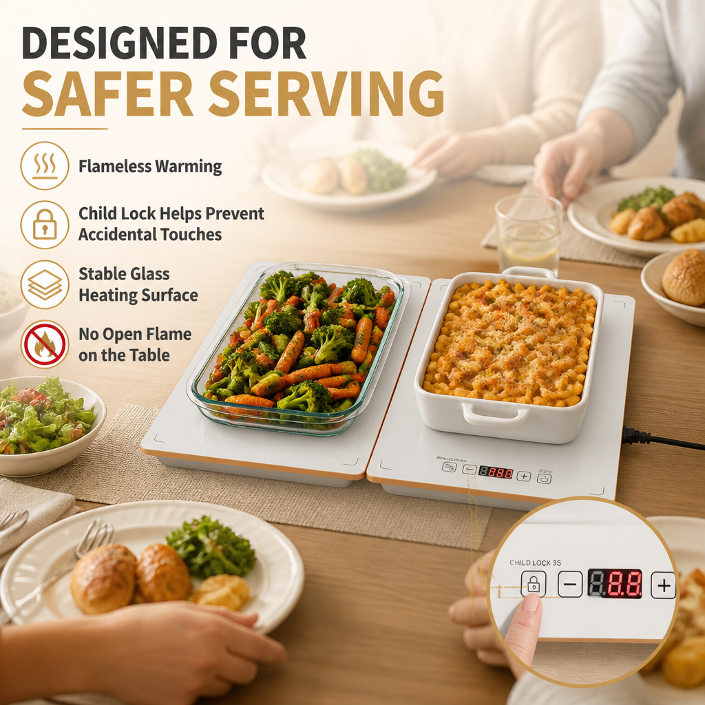 Combinable electric food warmer buffet server, warming tray with precise temperature adjustment for home parties, entertaining and professional catering events