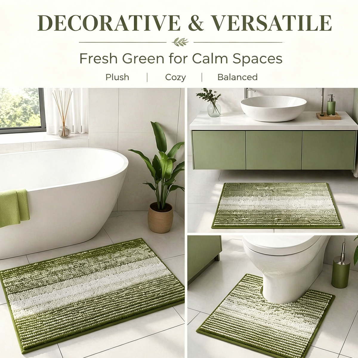 3‑Piece Sage Bathroom Rug Set, Soft Striped Chenille Bath Mats with U‑Shaped Toilet Mat, Non‑Slip Absorbent Thick Quick‑Dry Machine Washable Shower Floor Rugs for Bathroom