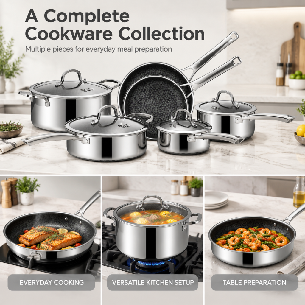 10‑Piece Hybrid Stainless Steel Cookware Set, Non‑Stick PFOA‑Free Pots and Pans, Induction Compatible Kitchenware with Frying Skillet, Saucepans, Saute Pan, Stock Pot