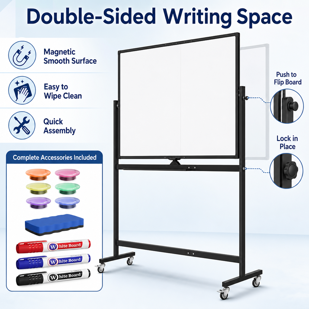 Double‑Sided Magnetic Rolling Dry Erase Whiteboard with Wheels, Mobile Standing Easel White Board with Metal Stand, Portable Reversible White Board for Home, Office, Classroom and School Use