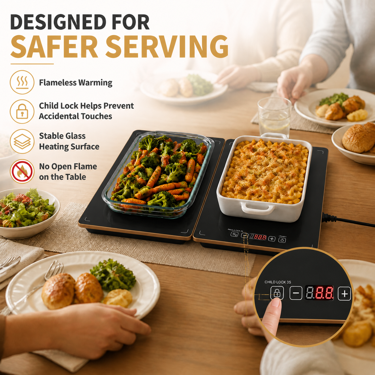 Combinable electric food warmer buffet server, warming tray with precise temperature adjustment for home parties, entertaining and professional catering events