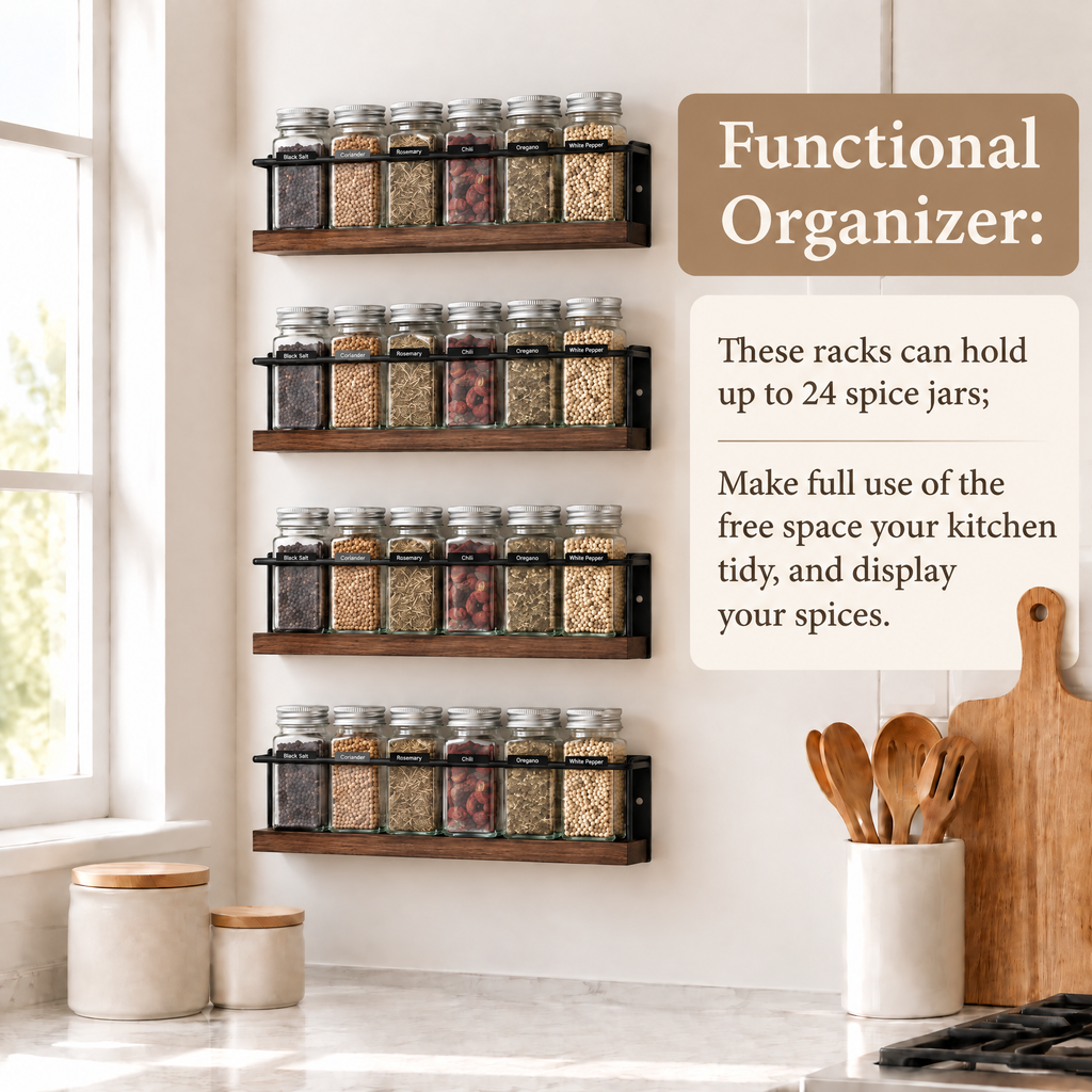 4‑pack wooden hanging spice shelf organizer for cabinet door or wall mounting, complete with 415 spice labels for cupboard, pantry and over‑the‑stove seasoning storage