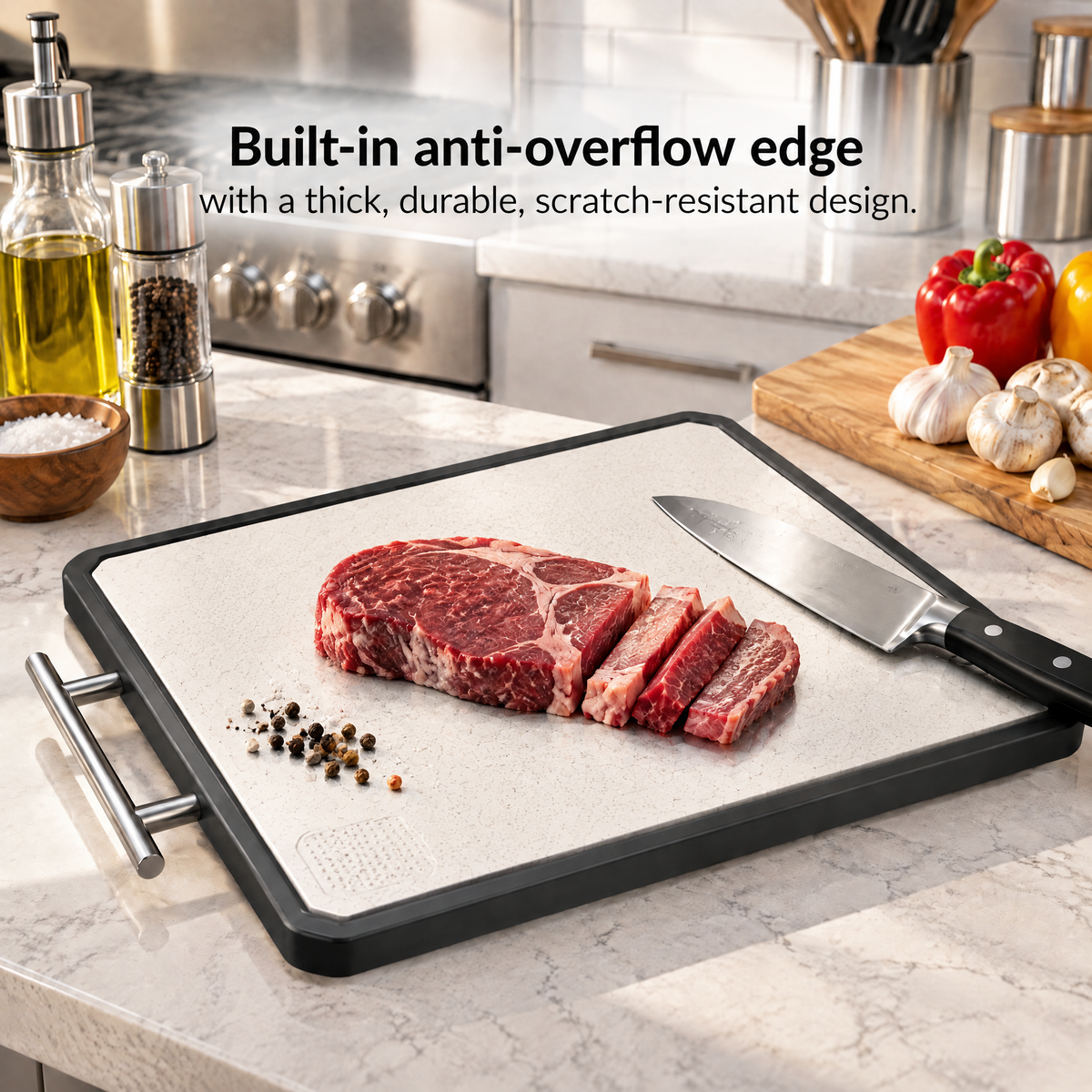 Double‑Sided 304 Stainless Steel Cutting Board, Food‑Grade Wheat Straw PP Reversible Kitchen Chopping Board, Scratch‑Resistant Dishwasher‑Safe Food Prep Surface for Home Cooking