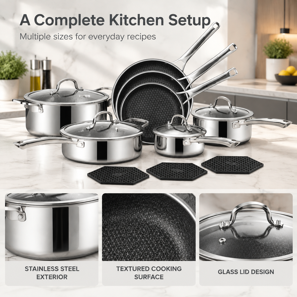 14‑Piece Hybrid Stainless Steel Cookware Set, Non‑Stick PFOA‑Free Pots and Pans, Induction Compatible Kitchenware with Frying Skillet, Saucepans, Saute Pan, Stock Pot