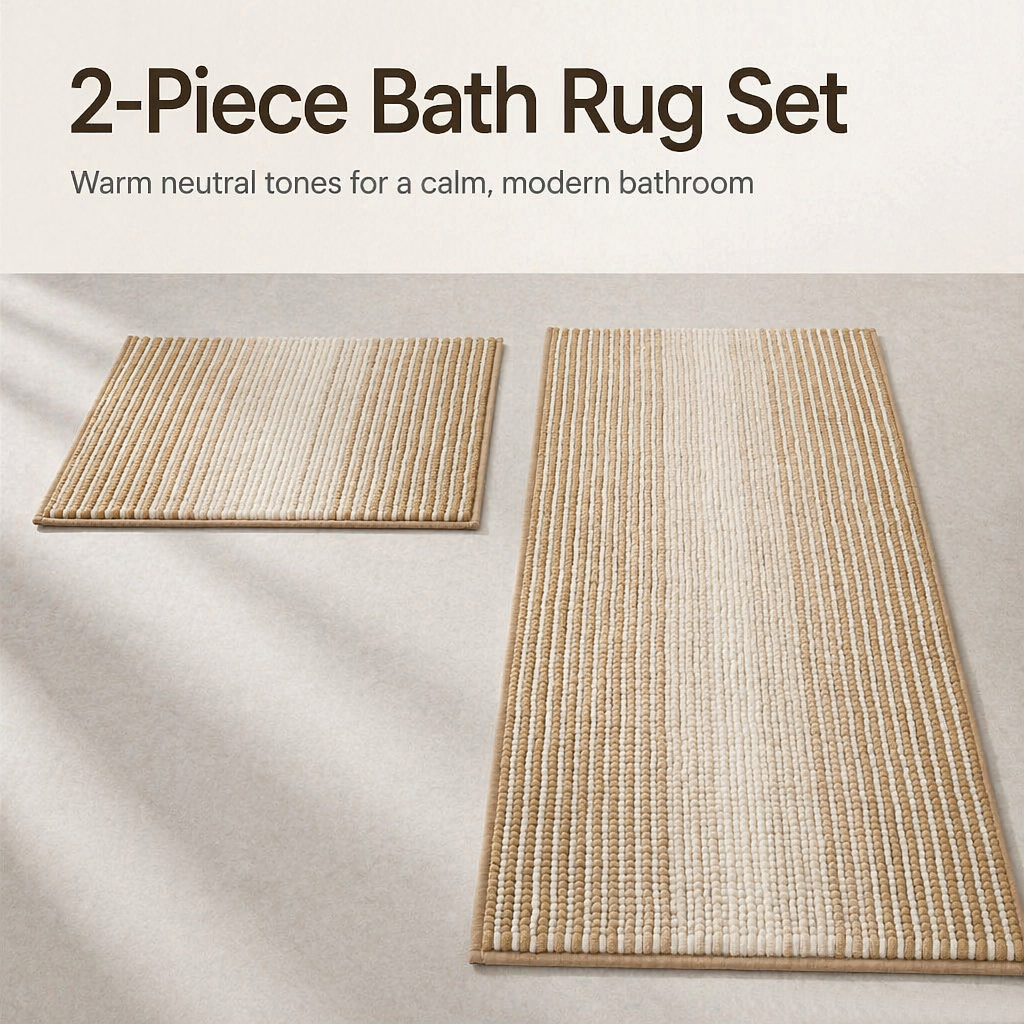Boho Striped Chenille Bath Mat Set of 2, Absorbent Quick‑Dry Non‑Slip Bathroom Rugs, Machine Washable Shower Floor Carpets for Bathroom & Bedroom Decoration