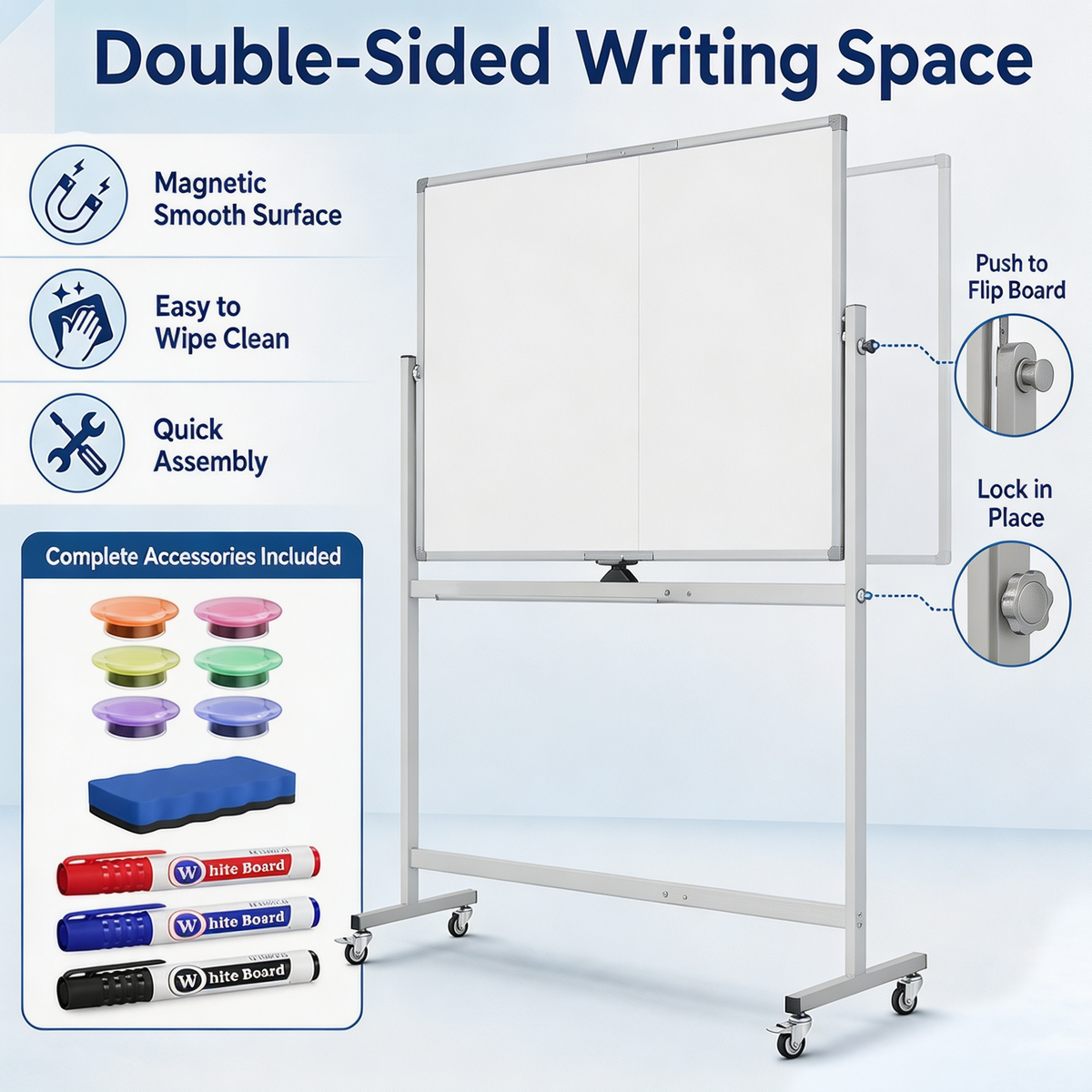 Double‑Sided Magnetic Rolling Dry Erase Whiteboard with Wheels, Mobile Standing Easel White Board with Metal Stand, Portable Reversible White Board for Home, Office, Classroom and School Use