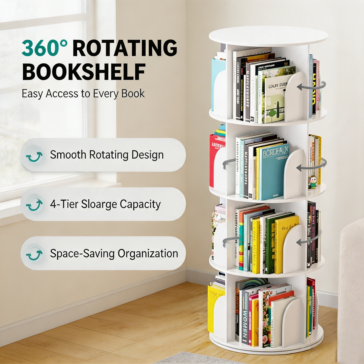 4‑Tier Rotating Bookshelf Tower, 360‑Degree Spinning Lazy Susan Bookcase, Round Revolving Carousel Storage Shelf, Vertical Spiral Corner Organizer for Home Storage