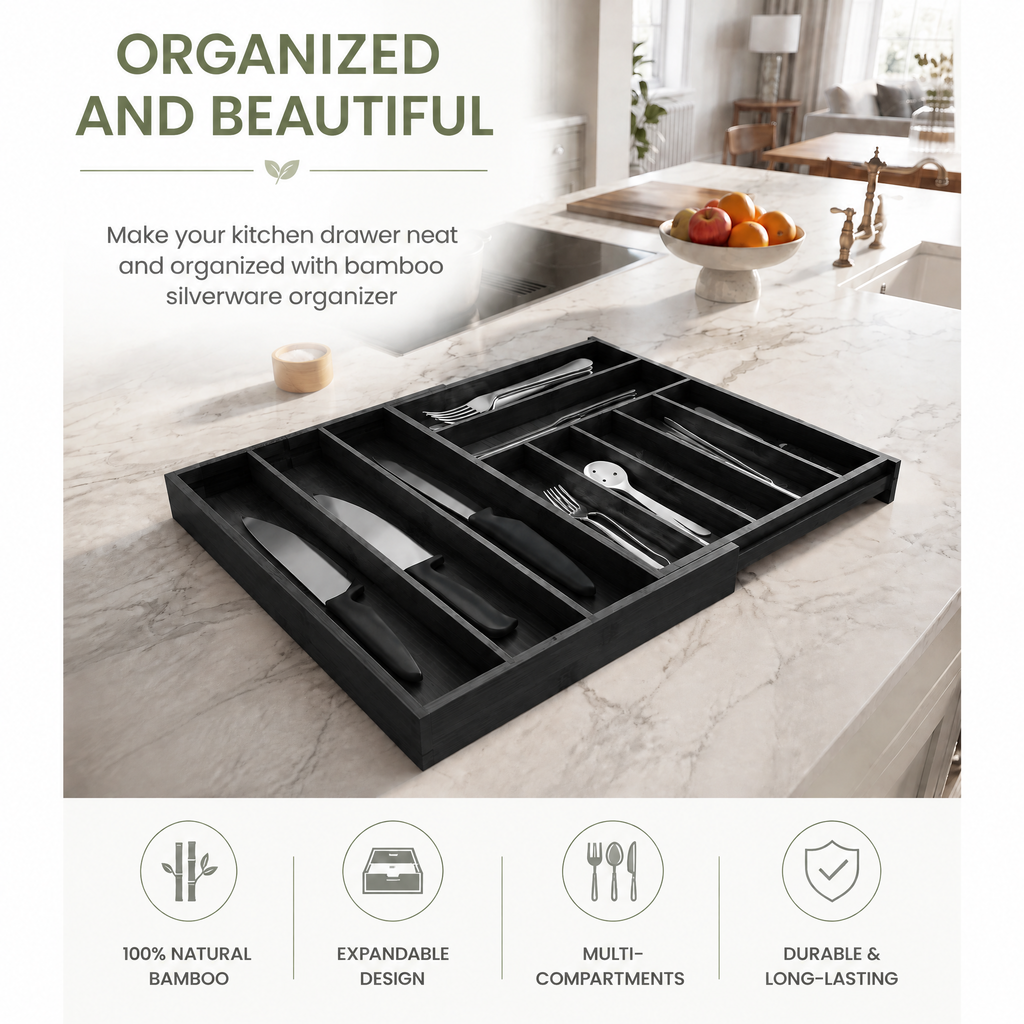 Expandable bamboo silverware drawer tray with labels, 10‑slot kitchen utensil holder for flatware, cutlery, spoons and knives for neat drawer storage organization