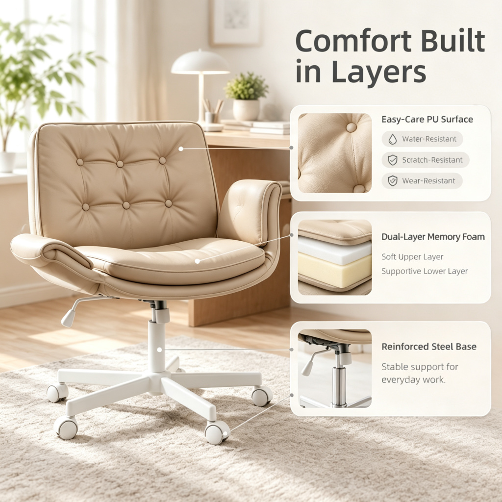 Criss Cross Swivel Office Chair with Wheels, Cross-Legged Makeup Vanity Desk Chair, Wide PU Leather Seat, 5-Gear Adjustable Armrests, Pet-Friendly Armchair for Office