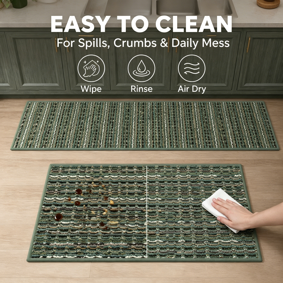 2‑Piece Kitchen Rug Set, Vintage Farmhouse Non‑Slip Floor Mats with Rubber Backing, Stain‑Resistant Washable Runner Rugs for Kitchen, Hallway, Entryway and Laundry Room