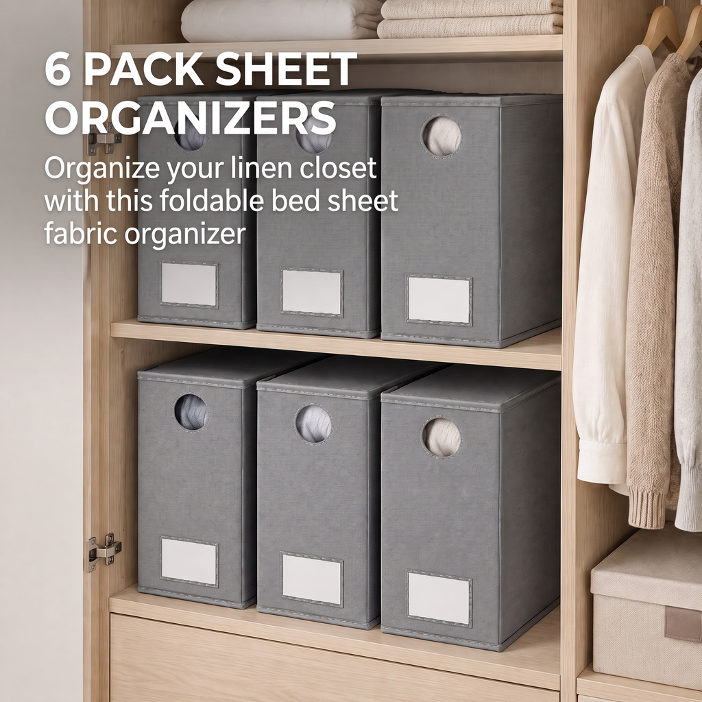 6‑pack foldable bed sheet storage organizers with transparent window, bedding set folder keepers designed for linen closet, compatible with queen and king size bedding sets
