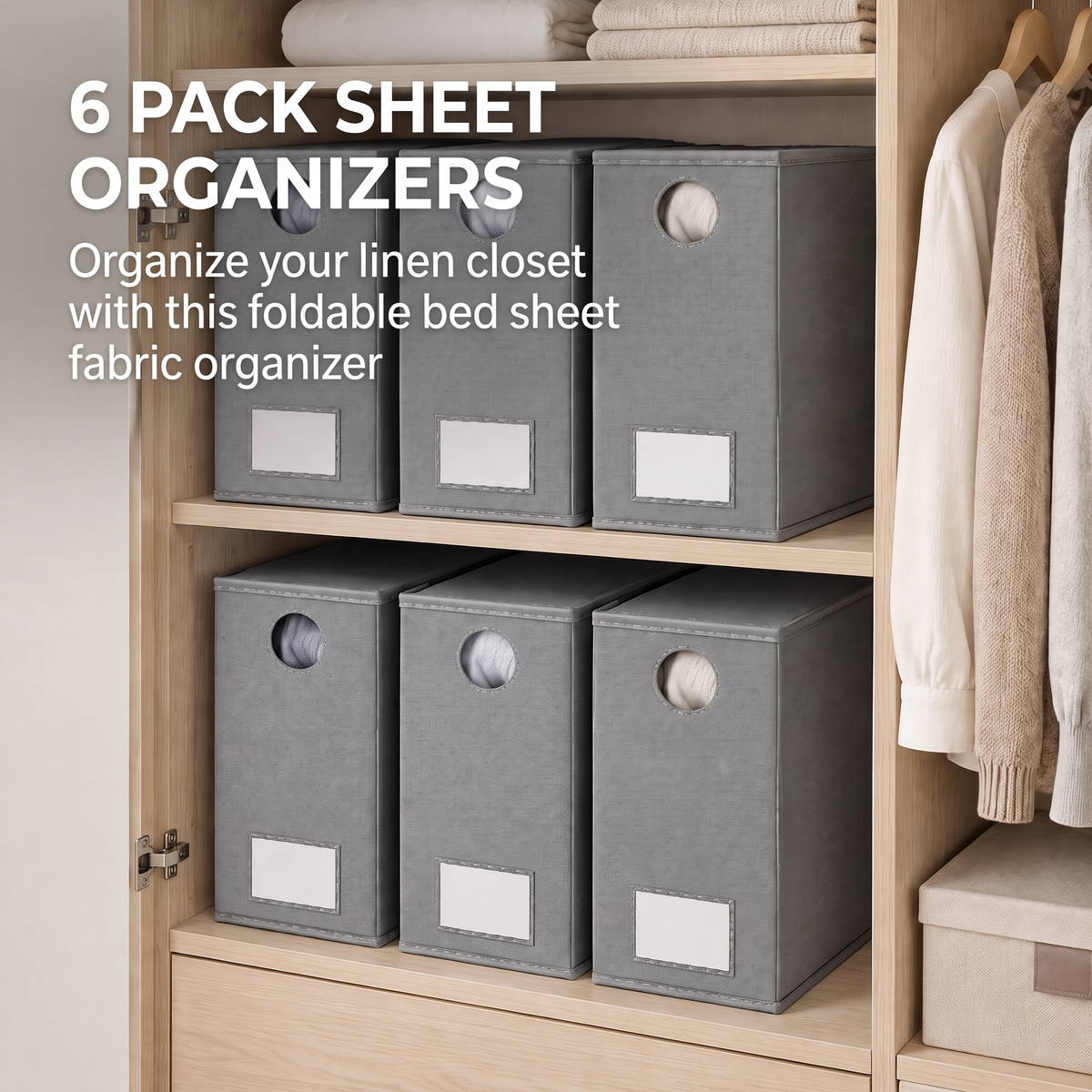 6‑pack foldable bed sheet storage organizers with transparent window, bedding set folder keepers designed for linen closet, compatible with queen and king size bedding sets