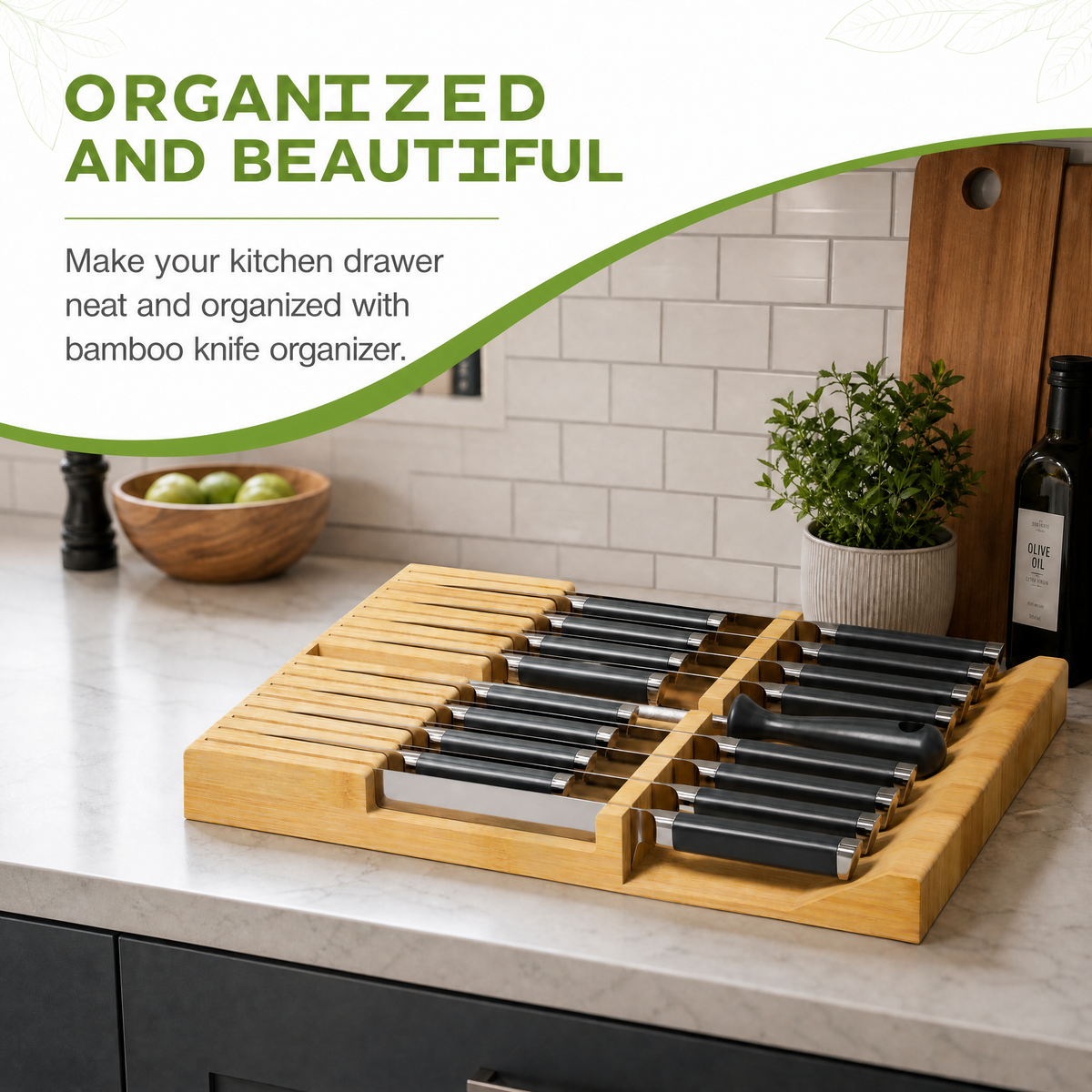 Bamboo kitchen knife drawer storage insert, practical knife holder block featuring 16 knife slots and 1 sharpener slot for drawer‑based kitchen utensil organization