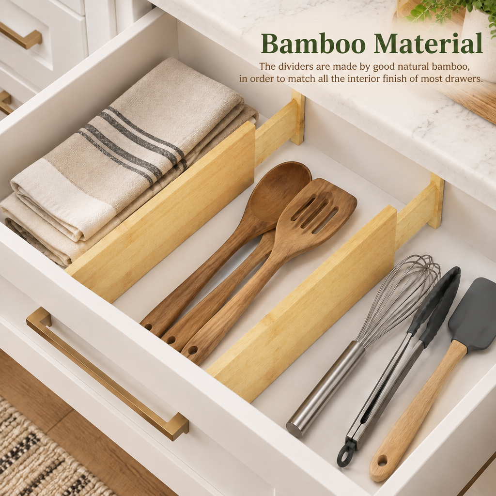 Expandable adjustable bamboo deep drawer dividers with labels, set of 2 sturdy drawer organizers for kitchen, dressers, bathroom and home office storage