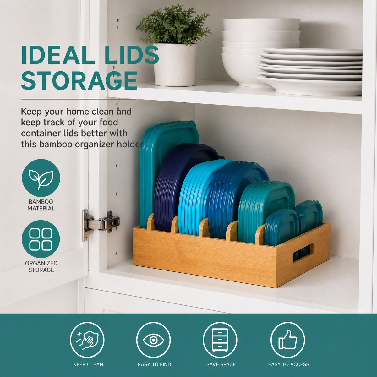 Bamboo Food Storage Lid Organizer, Adjustable Kitchen Cabinet Pantry Lid Holder with 5 Removable Dividers, Container Lid Storage Solution for Kitchen Organization