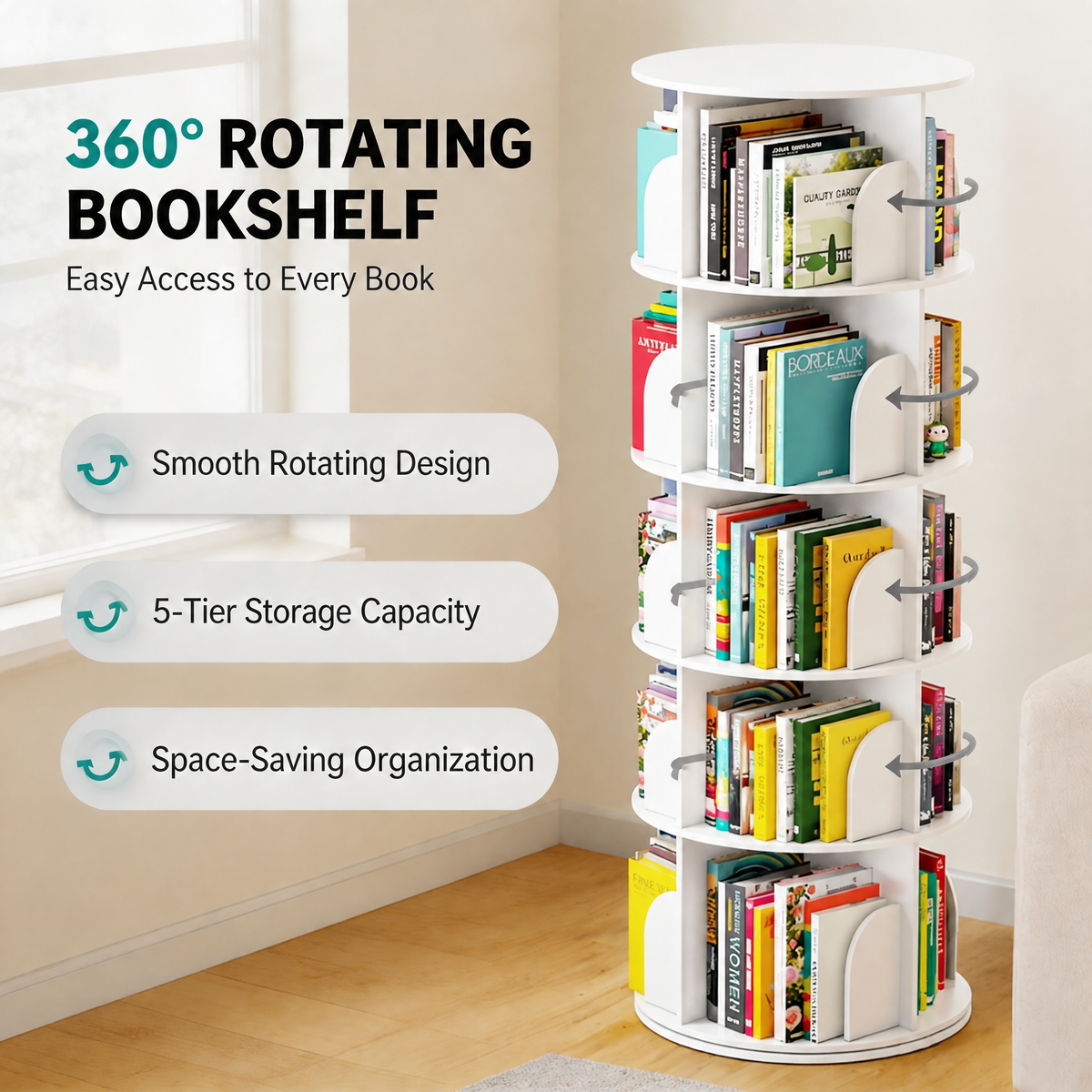 360° Revolving Round Carousel Bookshelf, 5‑Tier Spinning Lazy Susan Book Tower, Vertical Rotating Spiral Corner Storage Organizer for Bedroom and Living Room