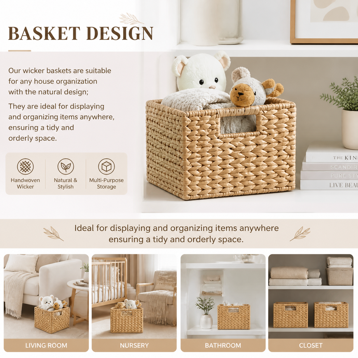 4‑pack large water hyacinth wicker storage baskets with handles, hand‑woven rattan cube organizer bins for shelves, closet and household space organization