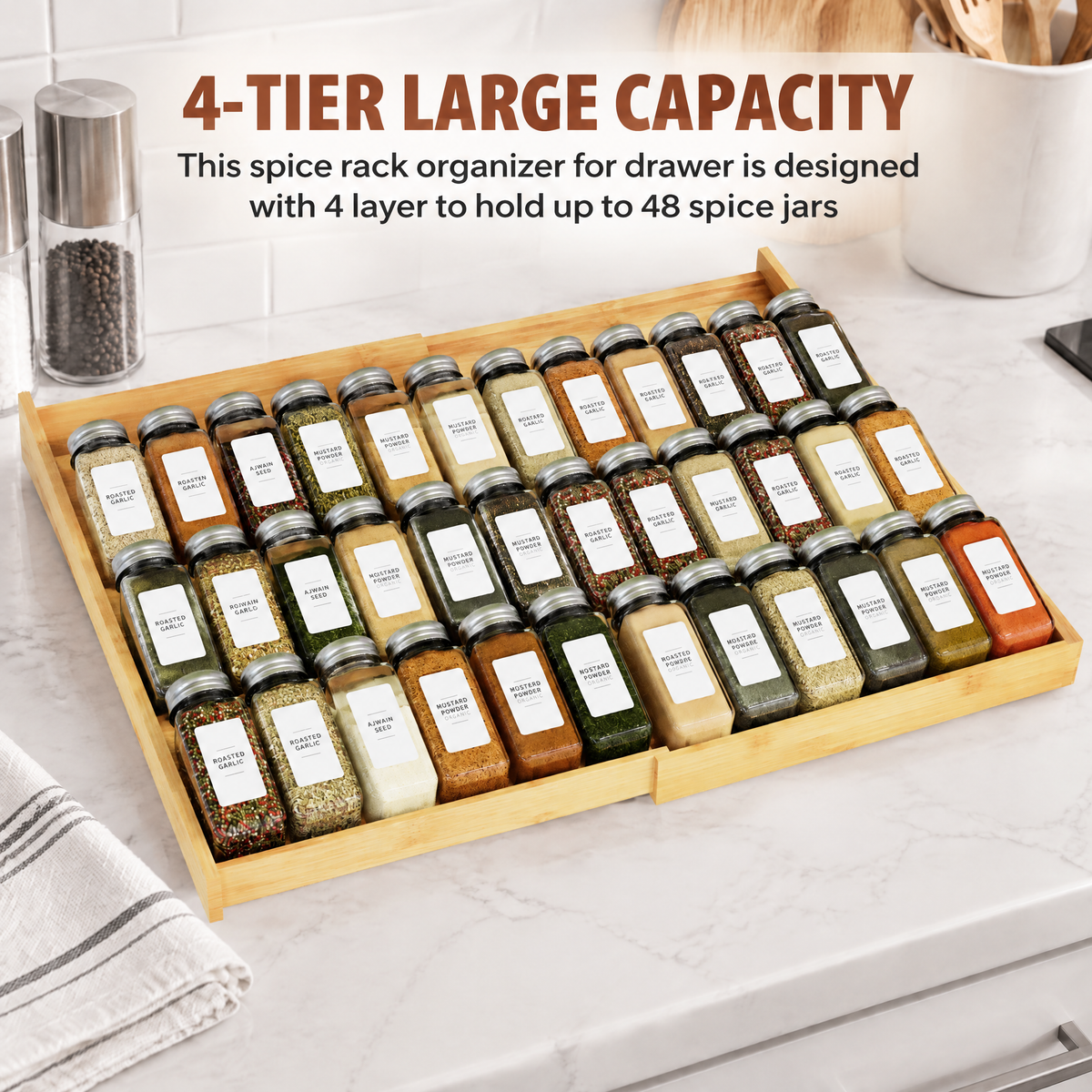 Expandable 4‑tier bamboo spice drawer insert, adjustable seasoning storage rack for kitchen cabinet organization, spice jars are not included