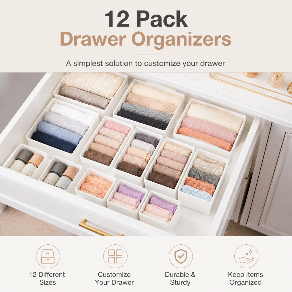 12‑Pack Drawer Clothes Organizer Bins, Fabric Dresser Storage Dividers, Versatile Closet & Nursery Organization Containers for Baby Clothing, Underwear and Socks