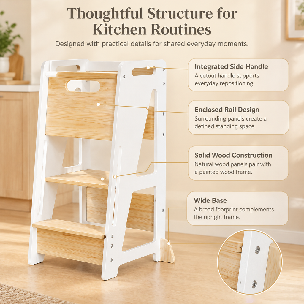 3‑Height Adjustable Kids Learning Tower with Sliding Door, Toddler Helper Stool with Non‑Slip Strips, Wide A‑Frame Base and Anti‑Tip Feet, 150 lb Load for 18 Months to 6 Years Old