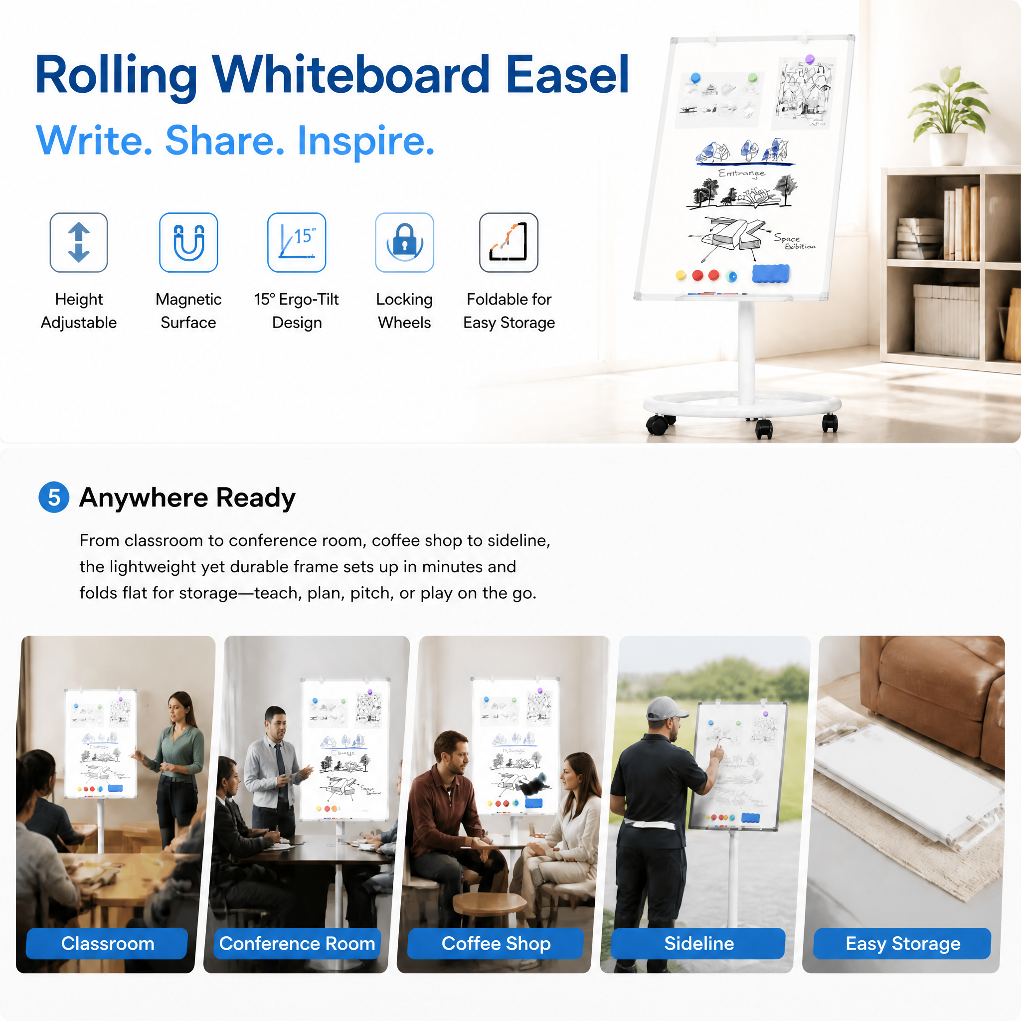 Adjustable Rolling Magnetic Whiteboard, Portable Dry Erase Easel with Circular Stand & Wheels, for Classroom, Office and Homeschool