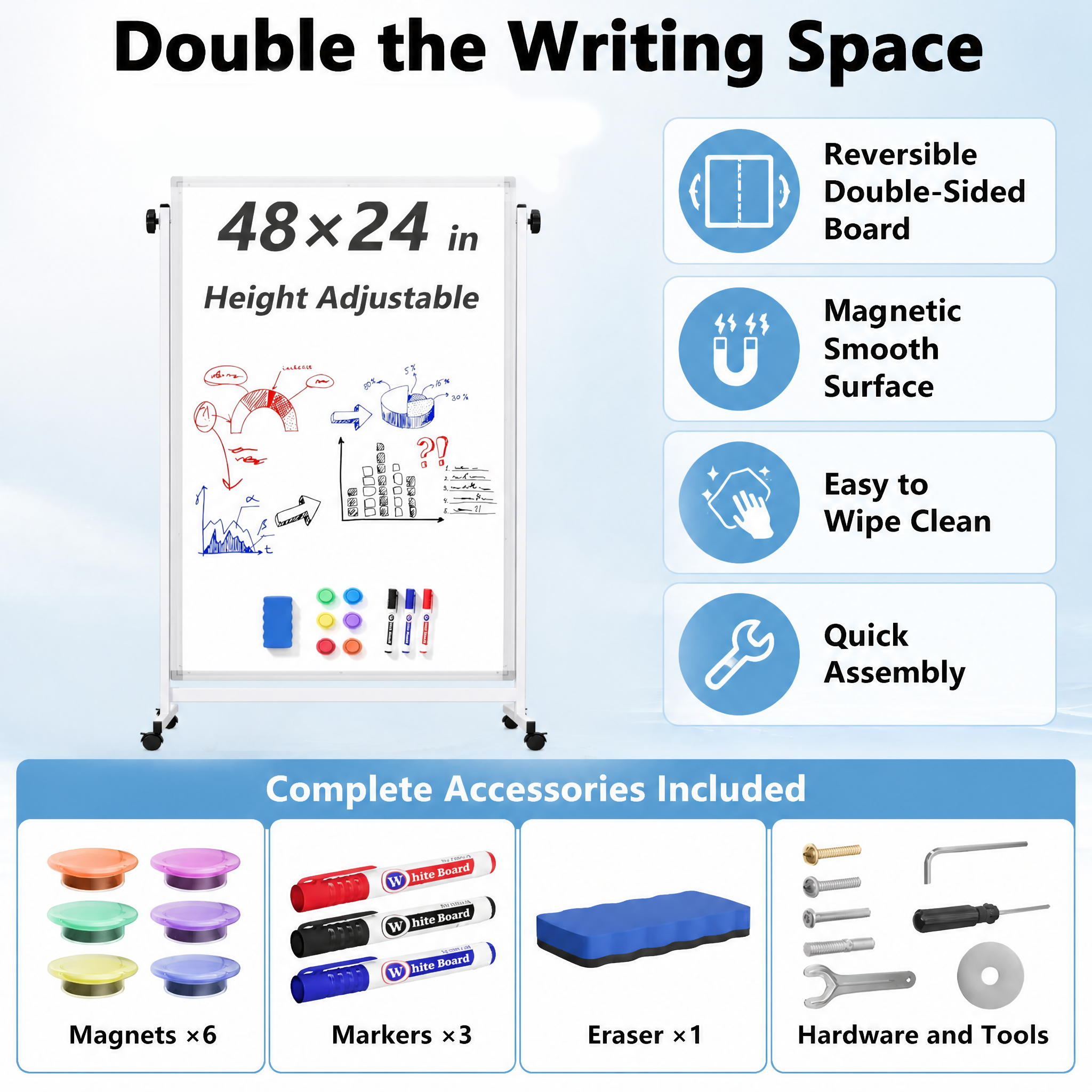 Adjustable Rolling Magnetic Whiteboard with Wheels, Portable Standing Dry Erase Easel for Home, Office, Classroom and School