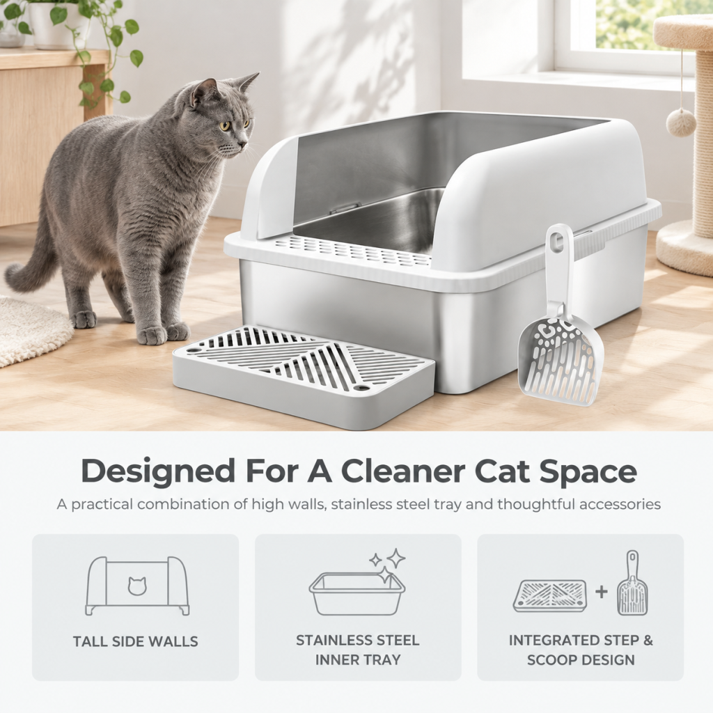 Enclosed Stainless Steel Cat Litter Box for Big Cats, Extra Large Hooded Metal Kitty Litter Pan, Odor Control Anti-Splash Cat Toilet for Indoor Large Breeds