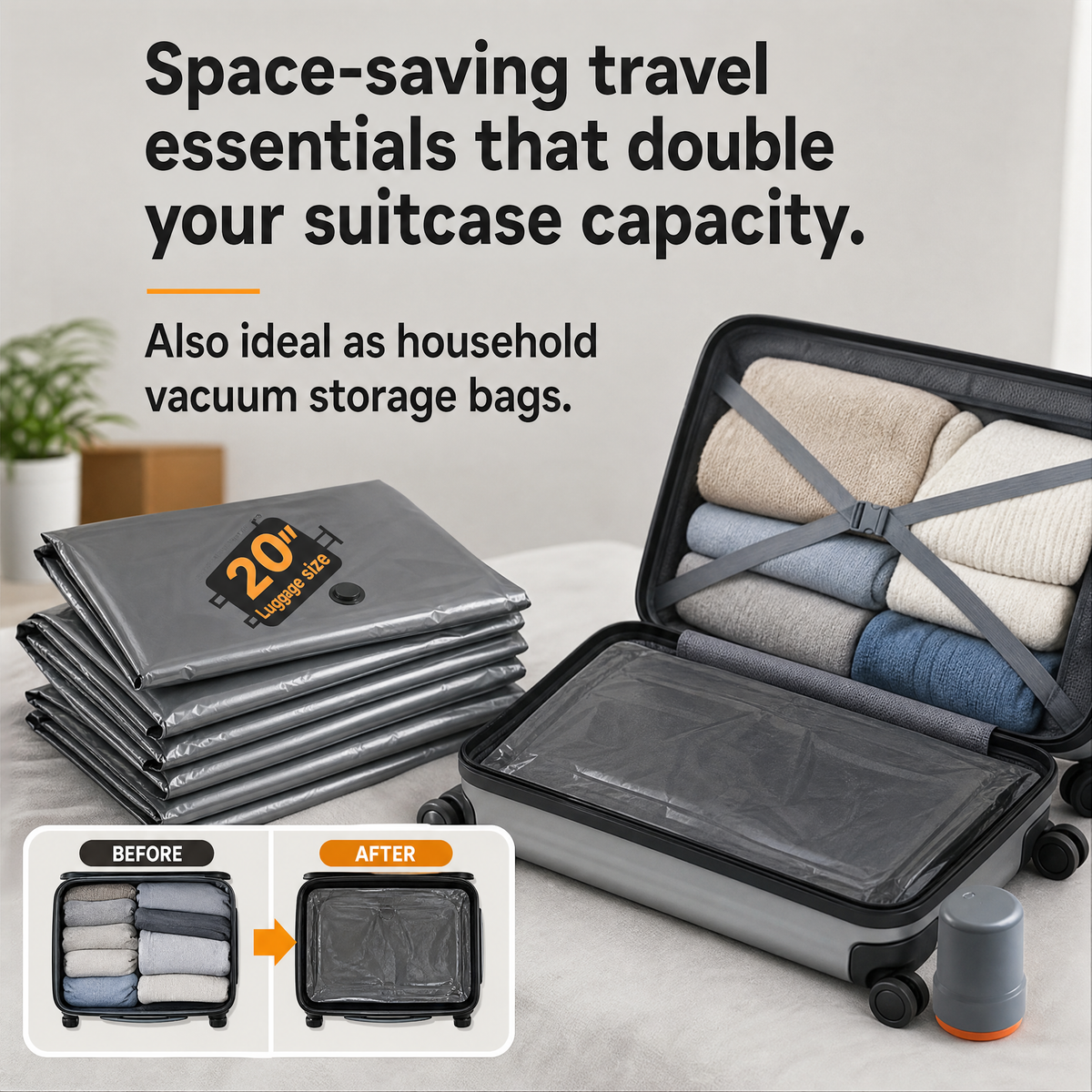 16‑combo travel vacuum compression packing cubes with cordless electric pump, space‑saving clothing luggage organizer, essential travel supplies for vacation and cruise suitcase packing