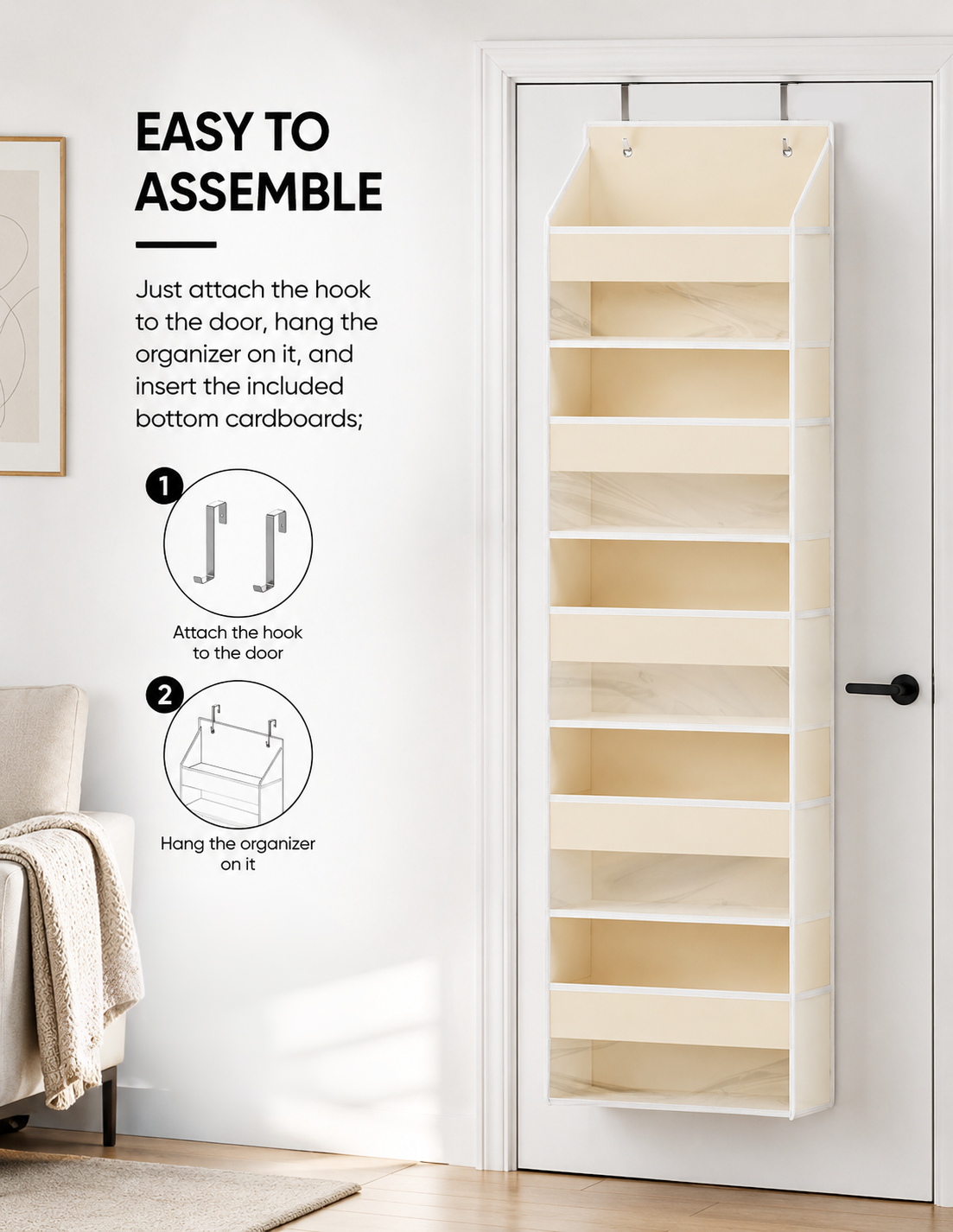 1‑pack 5‑layer over‑the‑door hanging storage organizer with clear window, featuring 5 large main pockets and 10 mesh side pockets for bedroom, bathroom, pantry and nursery tidy‑up