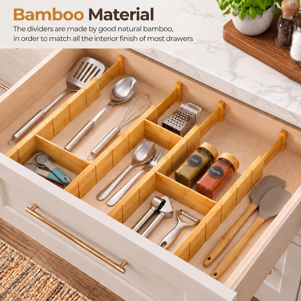 Bamboo Drawer Dividers with Inserts and Labels, Expandable Adjustable Kitchen Drawer Organizer, 4 Dividers with 9 Inserts for Home, Office and Dresser Storage