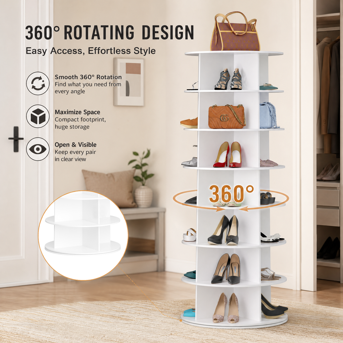 7‑tier rotating shoe rack tower, 360‑degree spinning lazy susan round carousel, vertical revolving storage organizer for shoes and handbags to optimize closet space