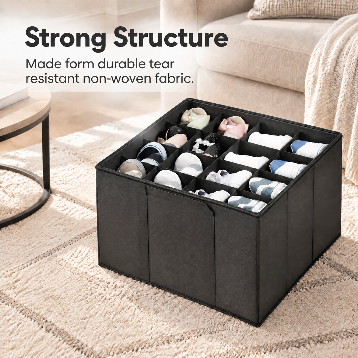 2‑pack foldable closet shoe storage bins with adjustable dividers, flexible shoe organizer containers that accommodate 16 to 32 pairs for bedroom closet footwear organization