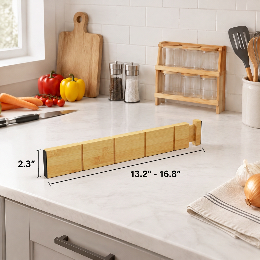 Adjustable Bamboo Drawer Divider Organizer with Inserts & Labels, Expandable Drawer Separators, 4‑Divider 9‑Insert Set for Kitchen, Dresser and Office