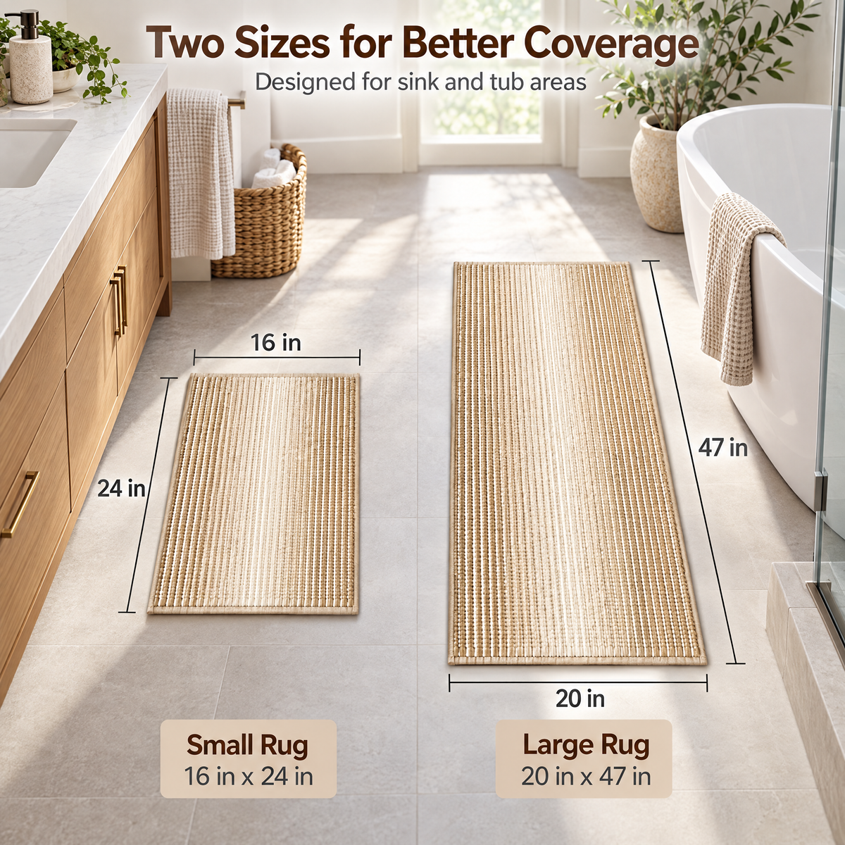 Boho Striped Chenille Bath Mat Set of 2, Absorbent Quick‑Dry Non‑Slip Bathroom Rugs, Machine Washable Shower Floor Carpets for Bathroom & Bedroom Decoration