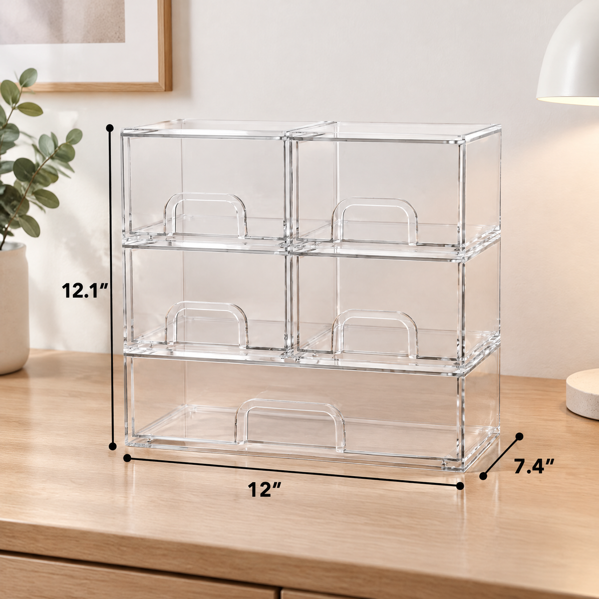 5‑pack stackable clear acrylic bottle storage drawers (2S 2M 1L), multi‑purpose baby bottle station organizer for countertop, vanity, bathroom, cabinet and pantry organization