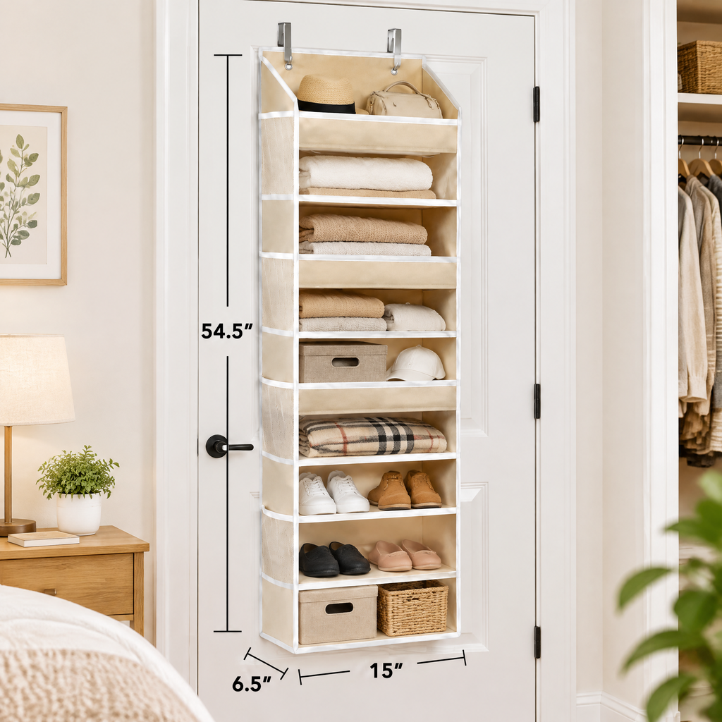1‑pack 5‑layer over‑the‑door hanging storage organizer with clear window, featuring 5 large main pockets and 10 mesh side pockets for bedroom, bathroom, pantry and nursery tidy‑up