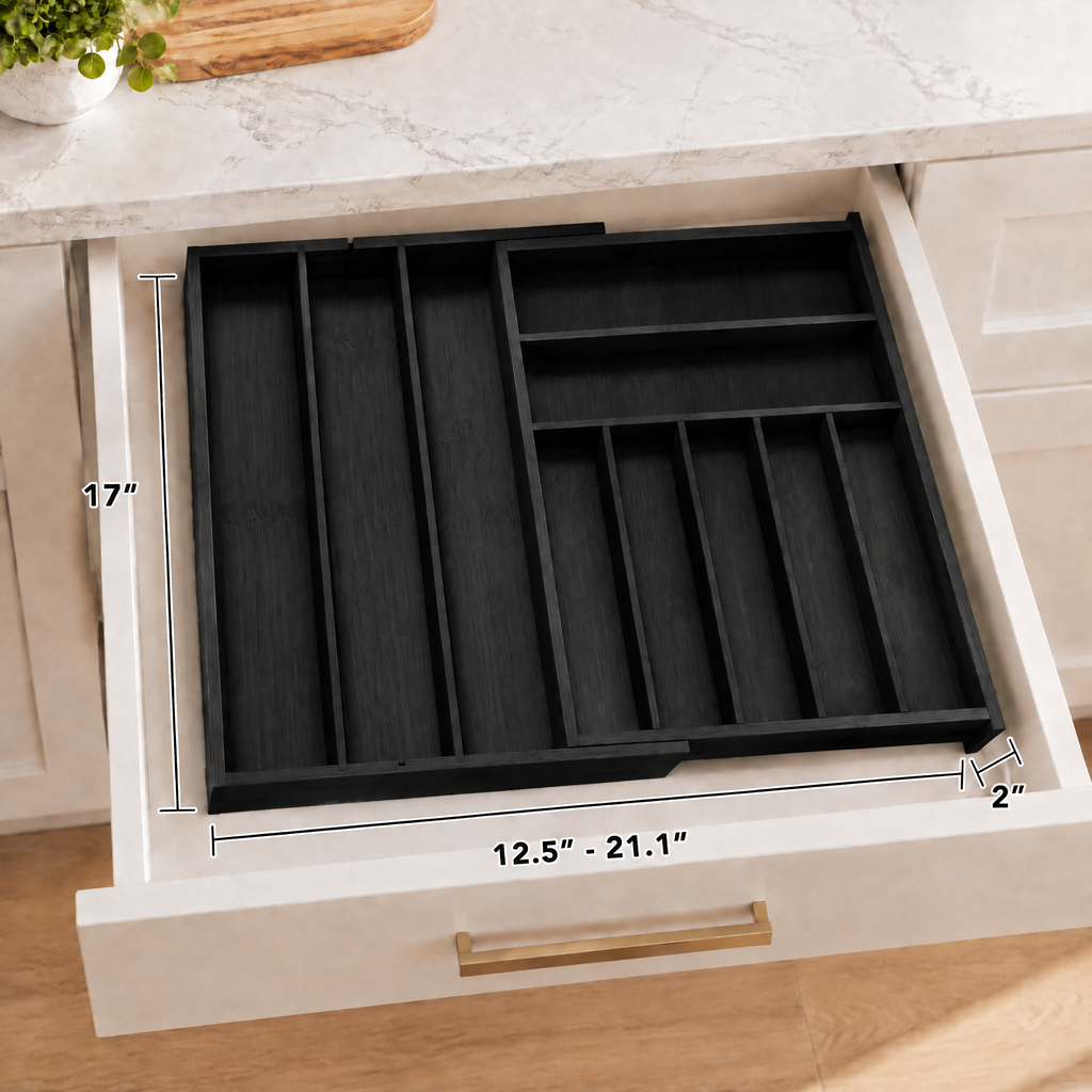 Expandable bamboo silverware drawer tray with labels, 10‑slot kitchen utensil holder for flatware, cutlery, spoons and knives for neat drawer storage organization