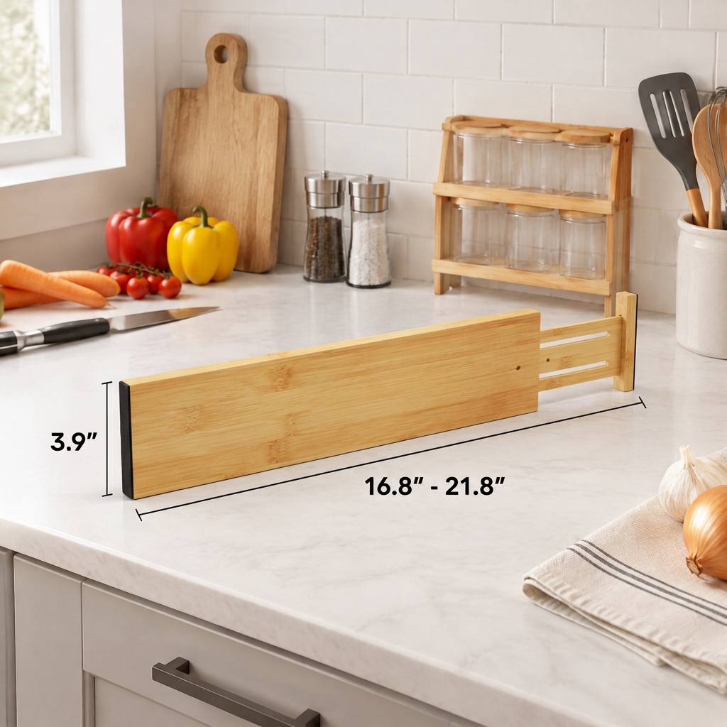 Expandable adjustable bamboo deep drawer dividers with labels, set of 2 sturdy drawer organizers for kitchen, dressers, bathroom and home office storage