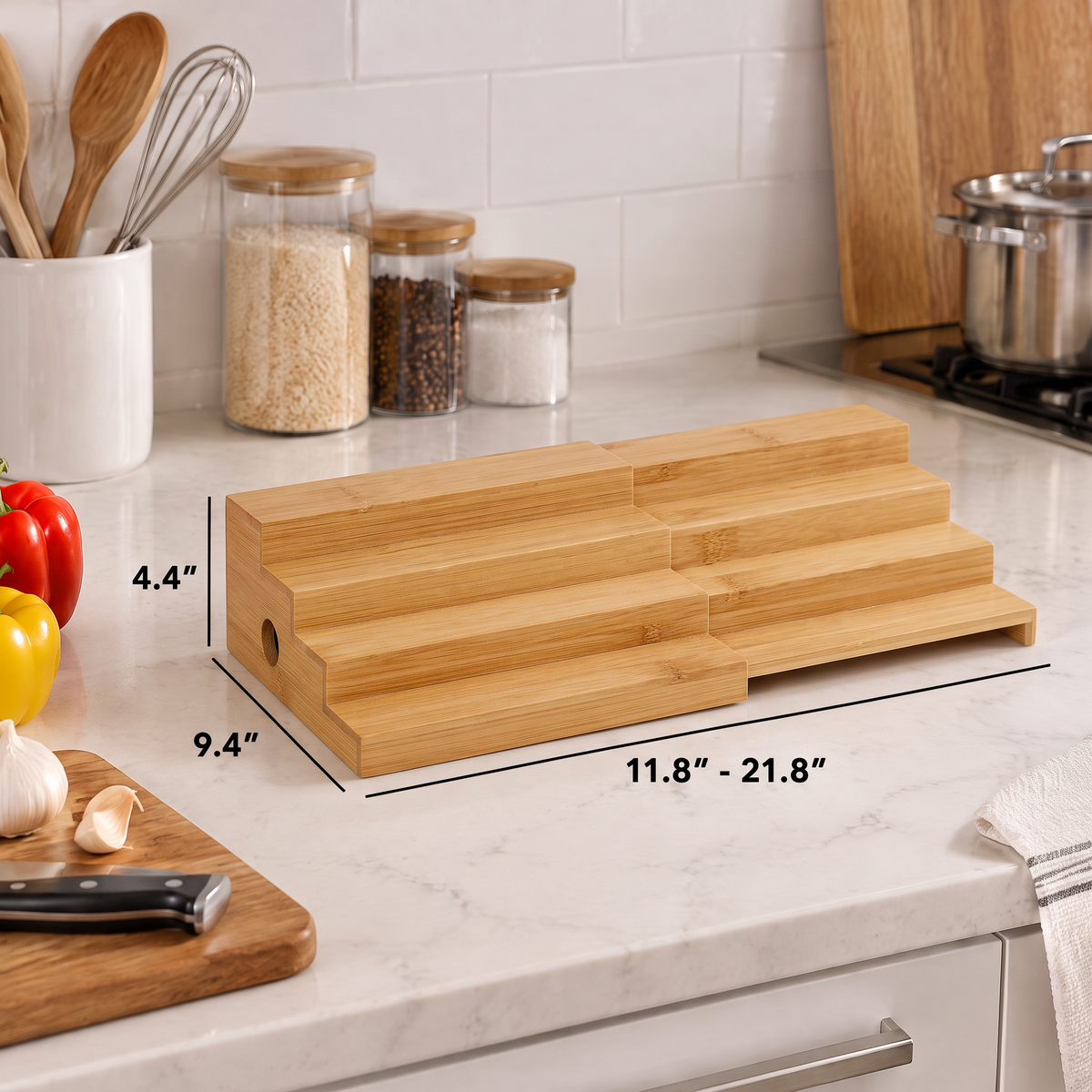 4‑Tier Bamboo Spice Rack Organizer for Kitchen Cabinets, Tiered Wood Seasoning and Can Goods Storage Shelf, Practical Pantry Organization Rack for Spices & Condiments