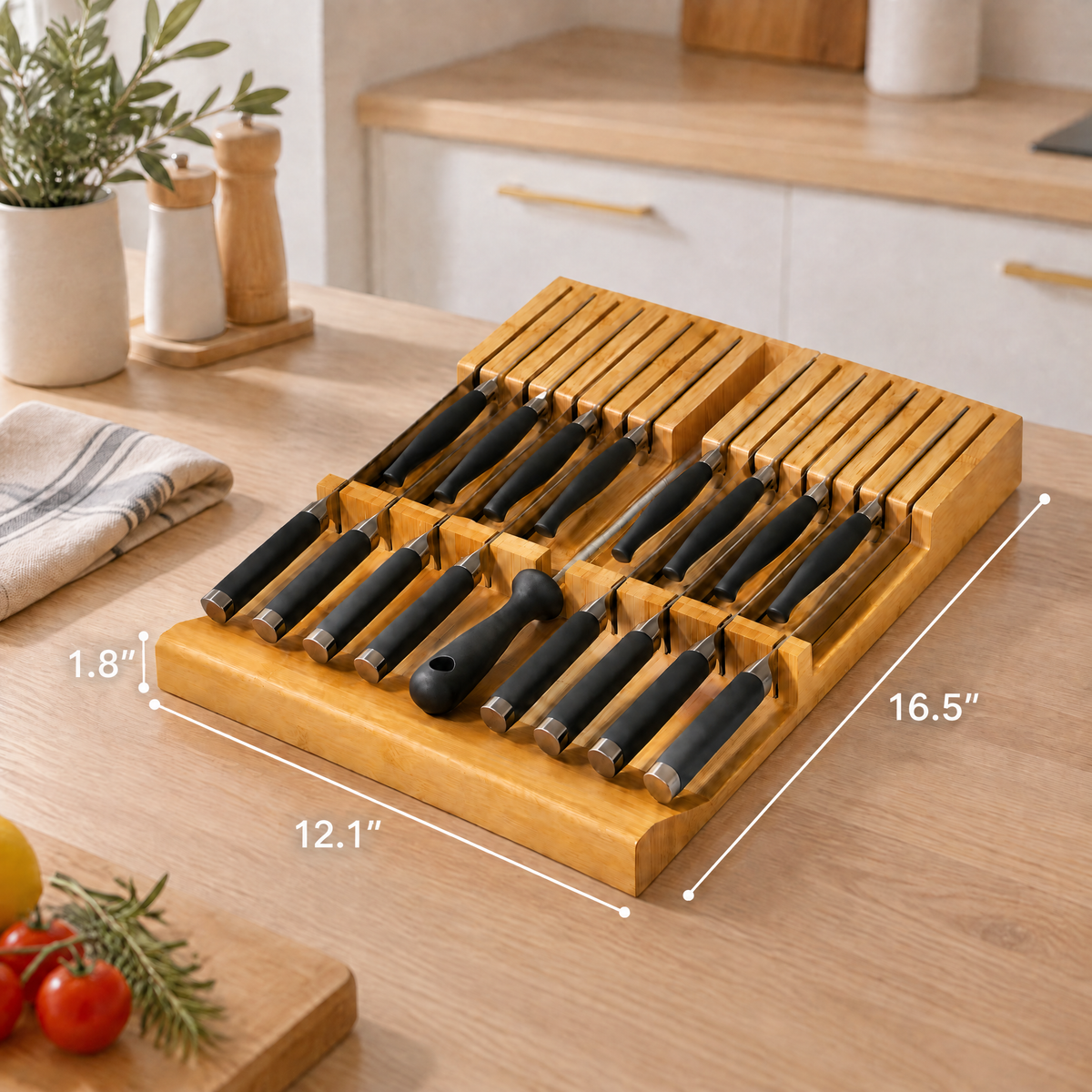 Bamboo kitchen knife drawer storage insert, practical knife holder block featuring 16 knife slots and 1 sharpener slot for drawer‑based kitchen utensil organization