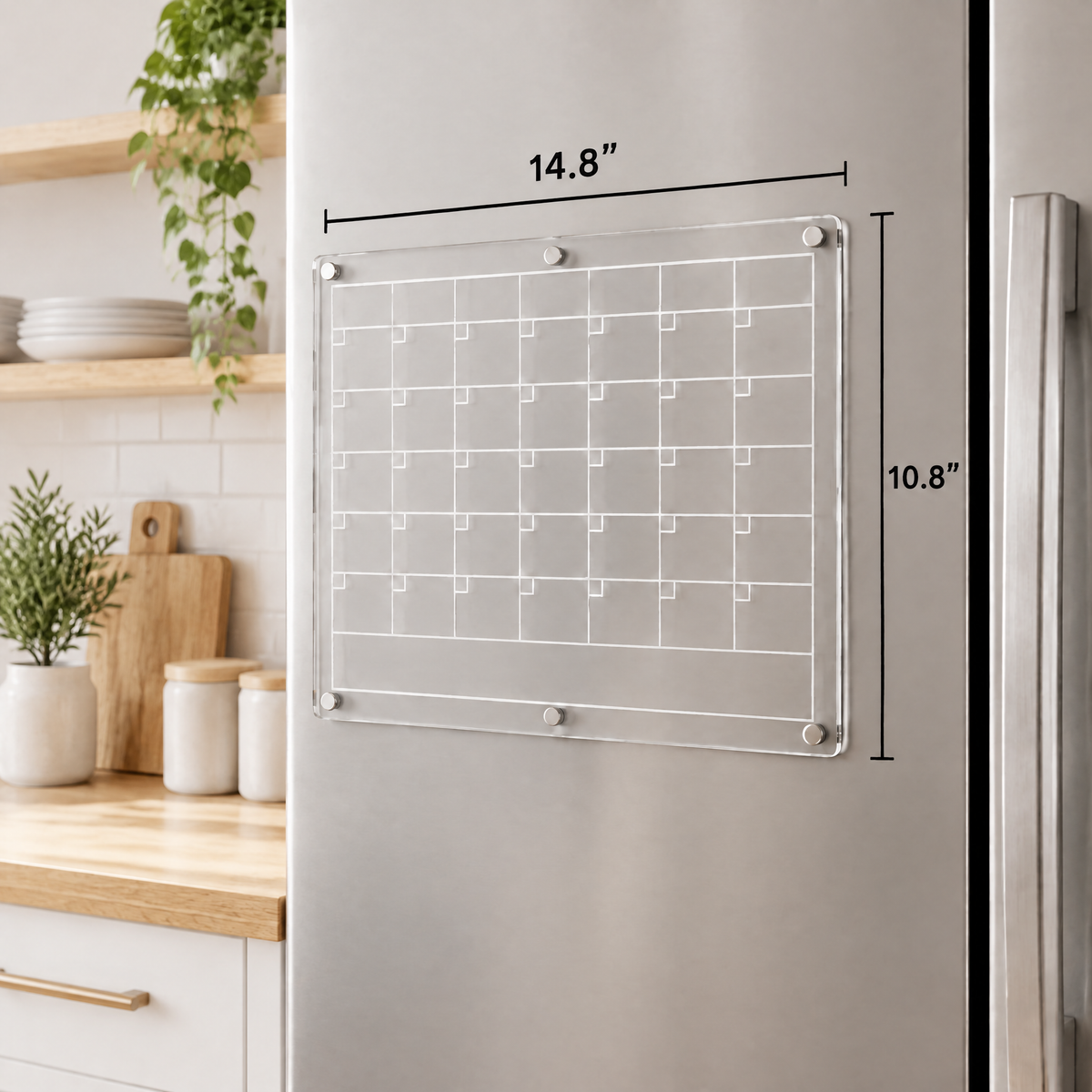 Clear magnetic acrylic monthly dry‑erase calendar for refrigerator, reusable fridge planning board complete with 8 vibrant color markers for household scheduling