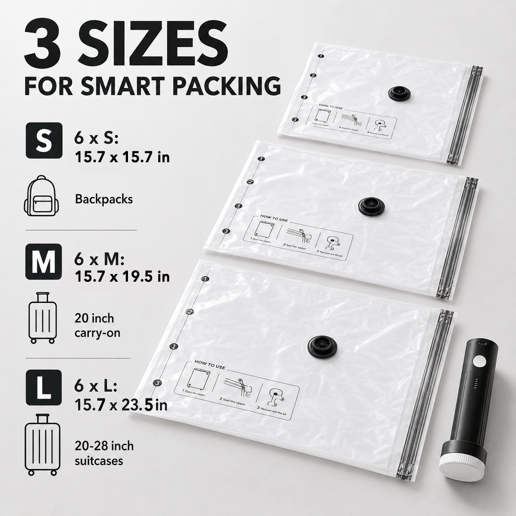 18‑combo travel vacuum compression packing cubes for clothing, space‑saver seal storage bags with cordless pump, practical luggage and suitcase organizer for vacation and cruise trips