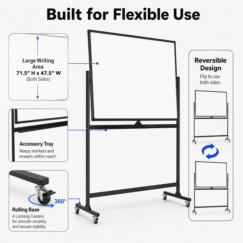 Double‑Sided Magnetic Rolling Dry Erase Whiteboard with Wheels, Mobile Standing Easel White Board with Metal Stand, Portable Reversible White Board for Home, Office, Classroom and School Use